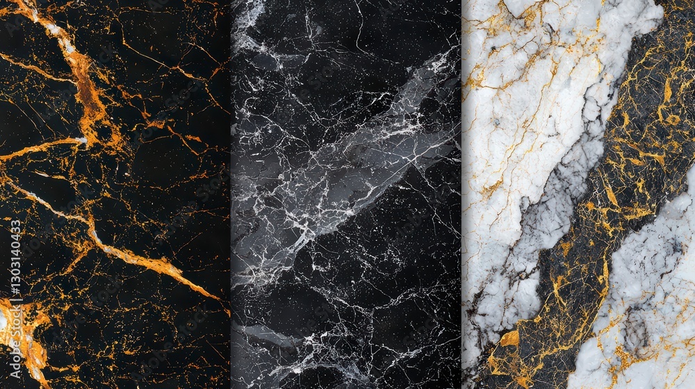 Poster marble textures trio: a luxurious display showcasing three distinct marble textures in a close-up sh