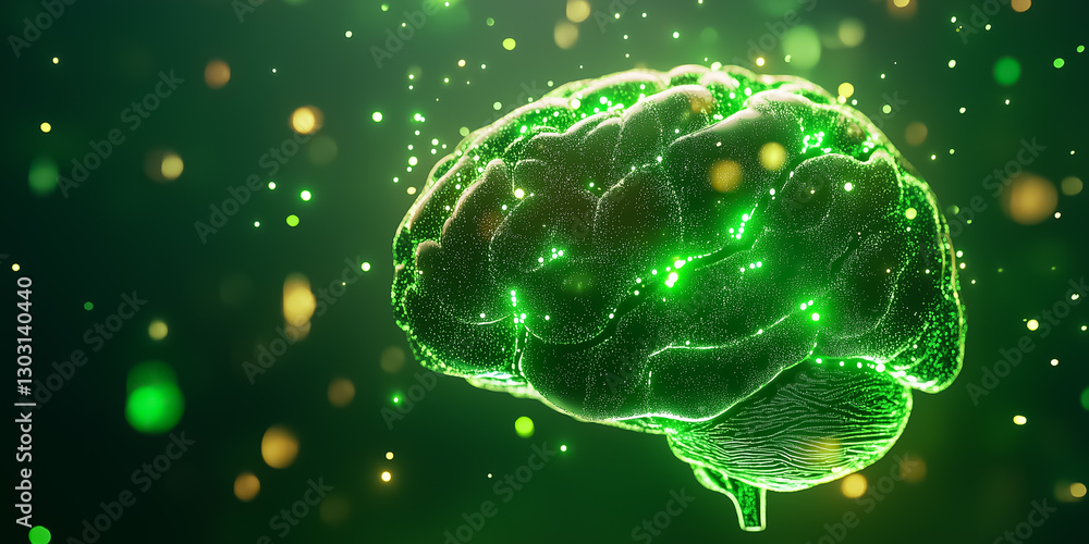 Poster a vibrant brain structure pulses with green light, illustrating the movement of data streams through