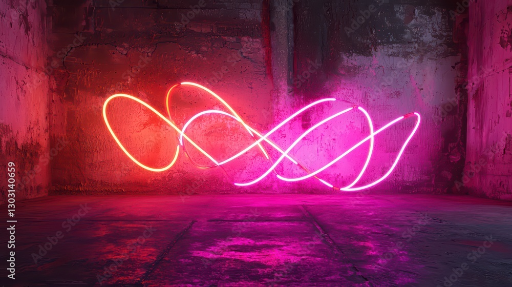 Poster neon dance: a vibrant neon light installation of interconnected swirling patterns illuminates a raw 