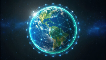 3D holographic globe representing global connectivity with network of lines. image conveys sense of advanced technology and interconnectedness