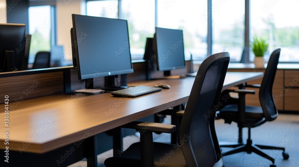 Poster modern office workspace with empty desks, computers, and large windows showing greenery outside