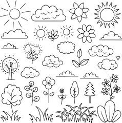 Fototapeta premium Line art buildings trees, flowers, plant and bench. Summer weather with clouds and natural trees. Vector illustration