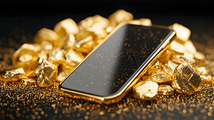 Luxurious Smartphone Surrounded by Shimmering Gold Nuggets and Glitter