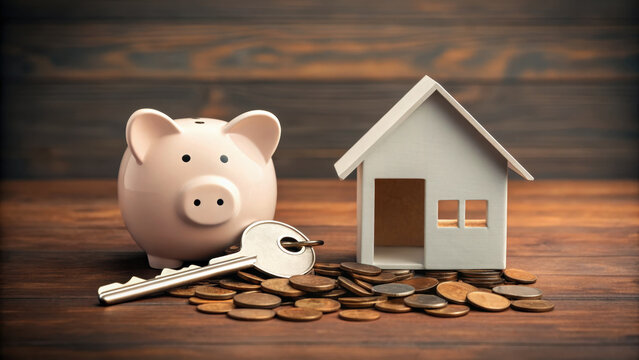 broken piggy bank next to house key symbolizes financial planning and saving for home. coins scattered around represent savings and investment opportunities