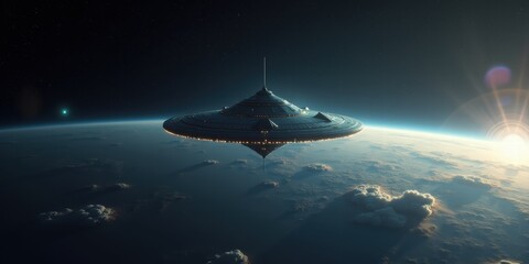 Futuristic spaceship hovering above earth, showcasing advanced technology and a stunning view of the planet with sunlight peeking over the horizon.