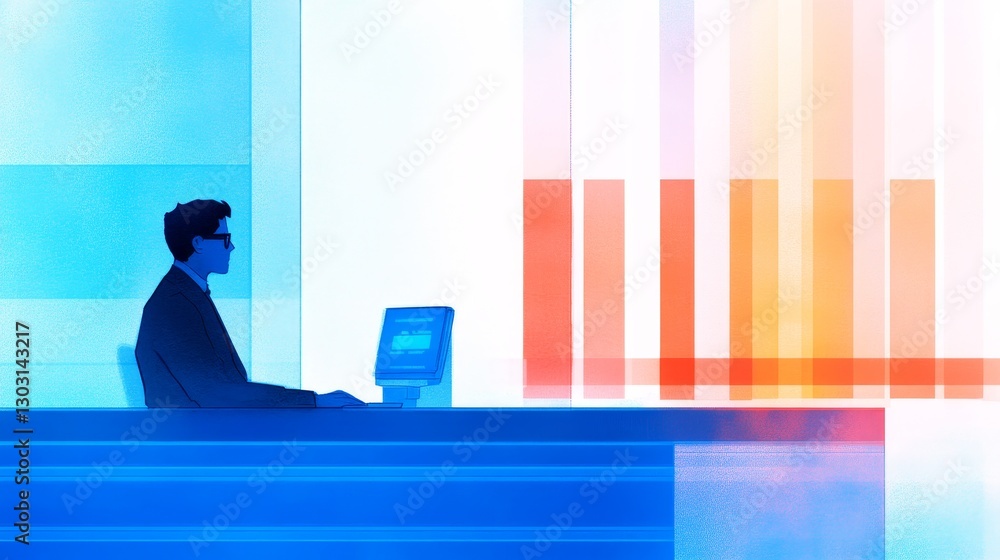 Poster business professional analyzing data on a computer in a modern office with colorful graphs