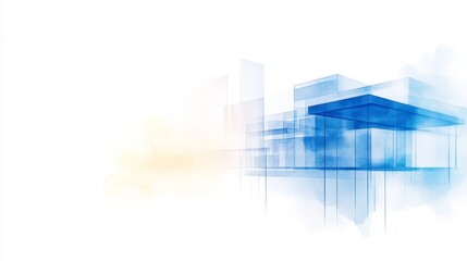 Abstract architectural illustration with blue and yellow hues depicting modern buildings