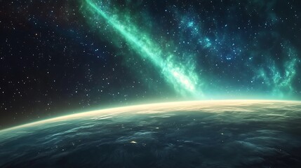 Fototapeta premium A vibrant aurora spanning the horizon of a far-off planet under a star-filled sky