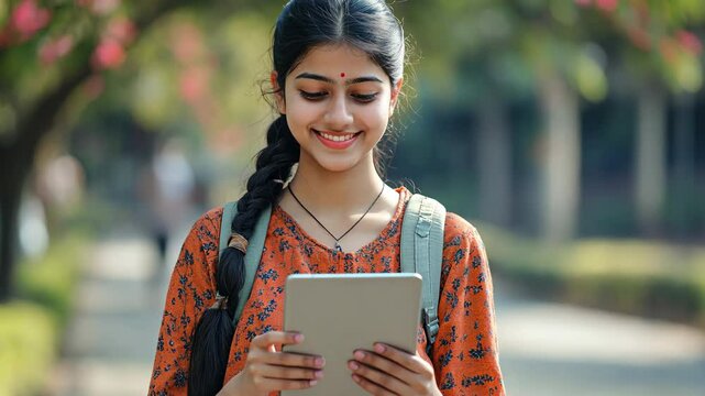 A young Indian college student stands on campus with a tablet in hand.