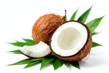 Ripe coconut, split open, green leaves, white backdrop , studio, isolated