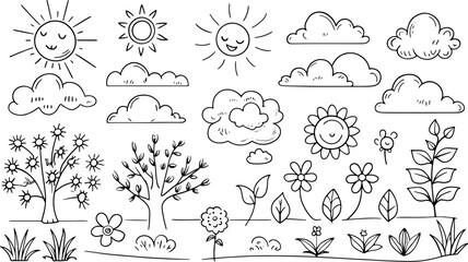 Doodle sketch outdoor elements. Tree, grass, nature, bushes, leaves, flowers, houses pencil drawing in Isolated vector illustration
