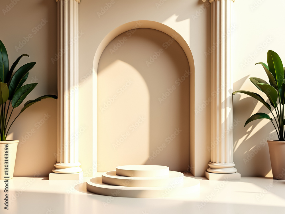 Poster three-tiered minimalist display platform in archway setting with plants