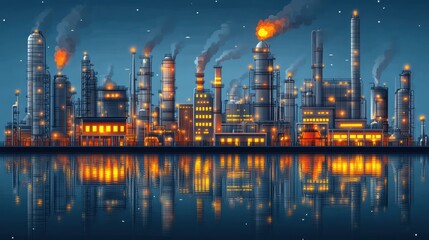 Night industrial cityscape reflected in calm water.