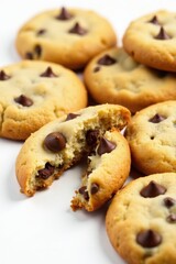 Several halved chocolate chip cookies, arranged on white , white, crispy, pastry