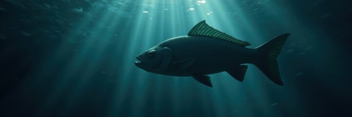Naklejka premium Silhouetted fish, dark water, dramatic lighting, depth, movement, contrast