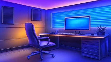 Modern office setup featuring a sleek desk, ergonomic chair, and glowing blue ambient lighting