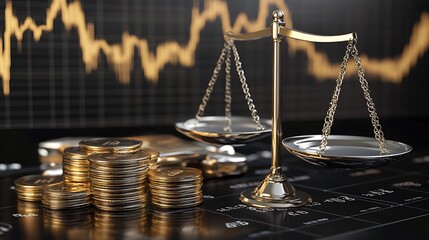 Financial Justice: Scales of Justice and Gold Coins on a Stock Market Chart