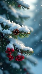 Sparkling snow-covered pine branches, pinecones, berries , peaceful, graphic, element