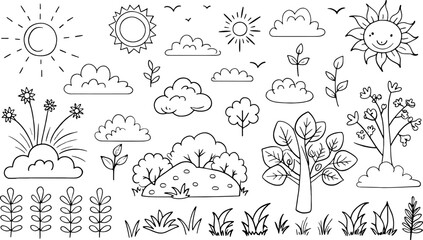 Abstract trees leaves and bushes patterns executed by pen, font sample,  isolated on white background