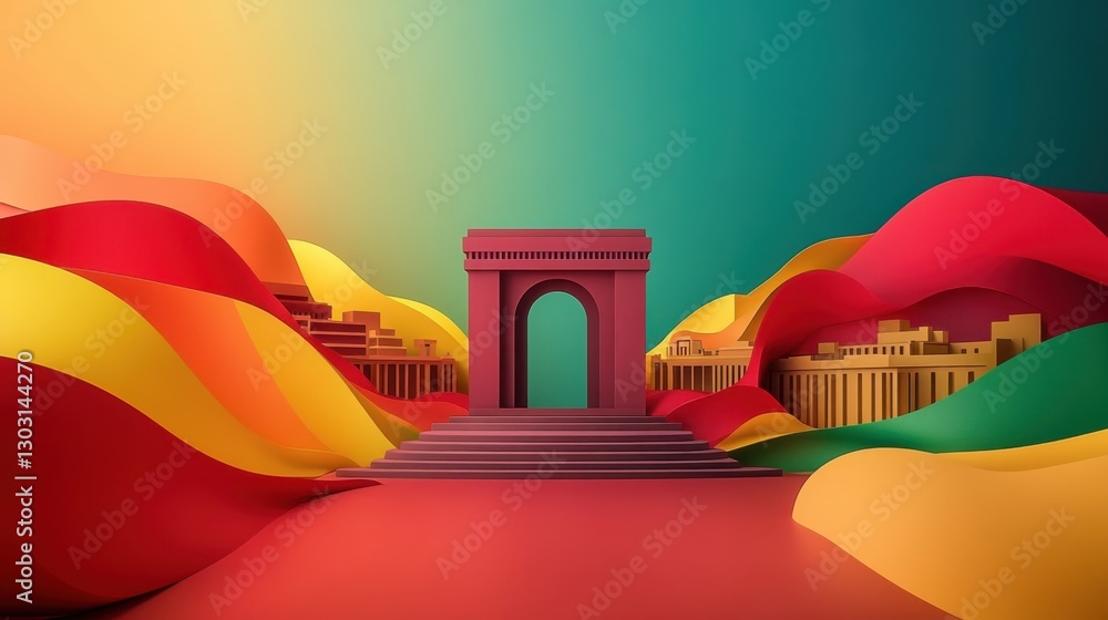 Poster vibrant archway surrounded by colorful waves and unique architectural structures