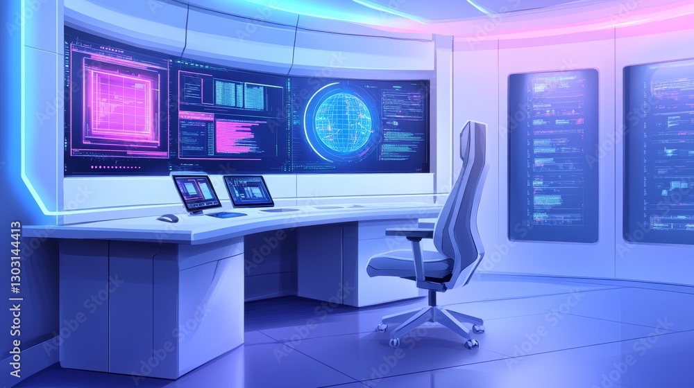 Poster futuristic control room with advanced technology displays and a sleek design, showcasing data analys
