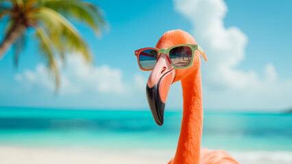 Playful Flamingo with Sunglasses Against a Tropical Beach Backdrop in Bright Sunlight and Vibrant Blue Ocean