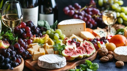 A beautifully arranged platter showcases an assortment of gourmet cheeses, fresh fruits, and elegant wine glasses. This setting captures a charming and inviting atmosphere for a delightful gathering