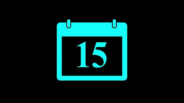 Calendar animation of the fifteenth day of the month on a black background. Date 15 animation with calender. Time and date management schedule icon. Cyan color Calendar with date animation