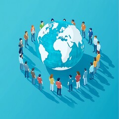 People Around Globe on Blue Background, Isometric