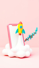 playful yellow launching from a cloud next to a pink smartphone symbolizing mobile growth and success