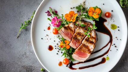Overhead view of a white plate with grilled meat or fish and decoration with balsamic vinegar and edible flowers. Copy space.