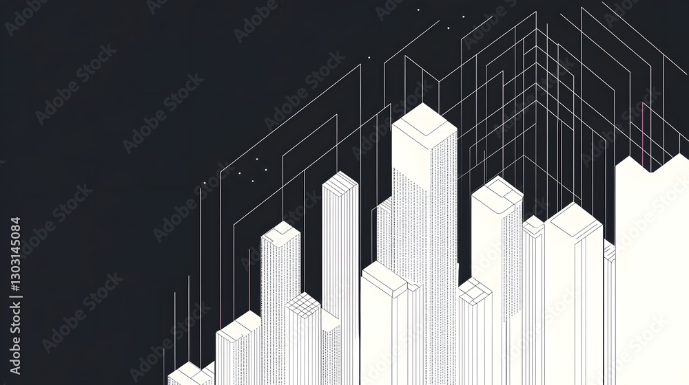 Poster futuristic geometric skyline with abstract floating building shapes in minimalist monochrome citysca
