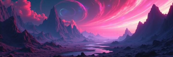 Obraz premium A stunning digital landscape depicting vibrant pink and purple skies over rugged mountains and a serene river, perfect for fantasy, travel, or nature-themed projects.