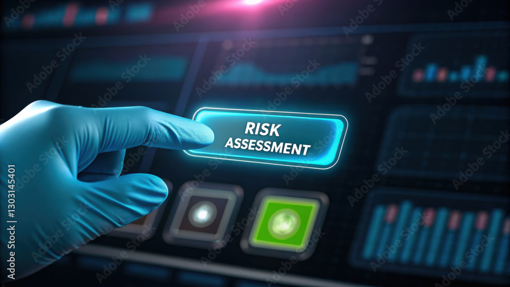 Poster close up of gloved hand pressing button labeled risk assessment on digital interface, highlighting i