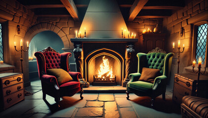 There is a fireplace in the old stone-floored room, two armchairs and chests.