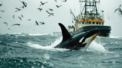 Fototapeta premium Orca breaching near fishing trawler in stormy sea.
