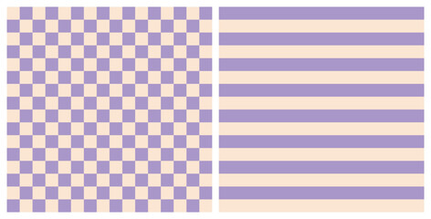 Set retro lilac check and stripes seamless repeat pattern. Bundle of y2k vintage geometric simple aop, all over surface print.
