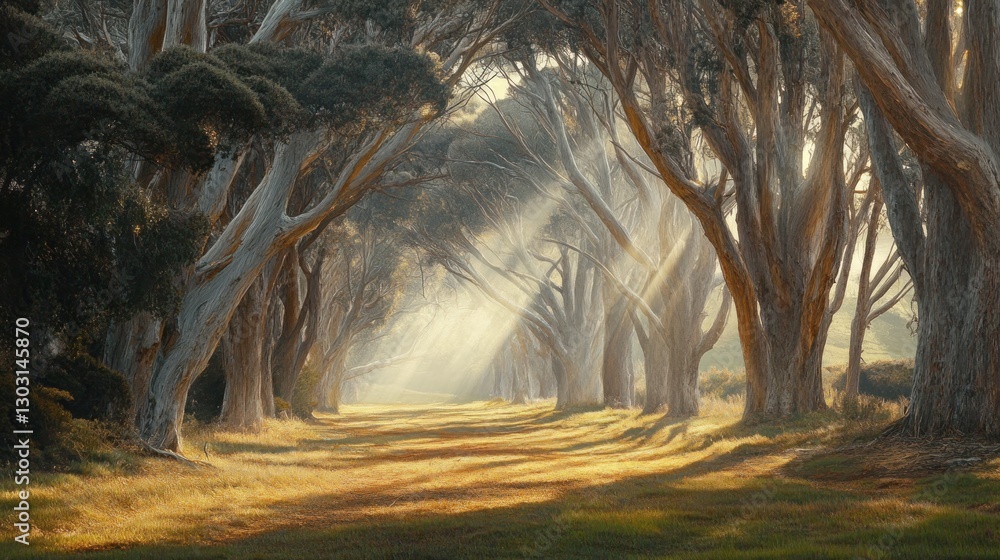 Poster a serene forest path illuminated by rays of sunlight filtering through trees.