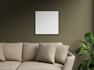 Sleek black frame mockup displayed on a dark green wall, showcasing a cozy sofa with soft cushions...