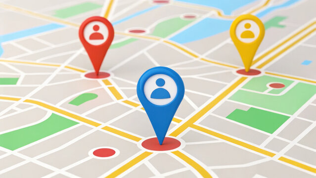 close up of map with colorful location pins indicating various spots. vibrant red, blue, and yellow pins represent different locations, creating visually engaging layout