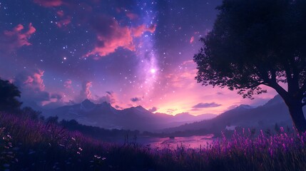 Naklejka premium A vibrant twilight sky with the moon and stars beginning to shine