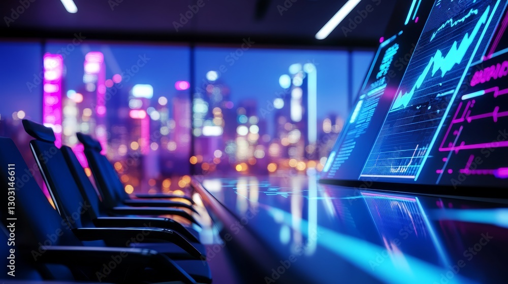 Poster futuristic office workspace with digital screens displaying data analytics at night