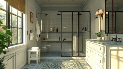 Luxurious bathroom with walk-in shower, vanity, and patterned tile floor.
