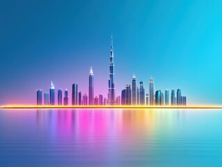 Obraz premium Vibrant skyline of Dubai at sunset, showcasing modern architecture and reflections