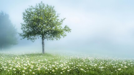 Fototapeta premium Serene Misty Meadow with Solitary Tree and Daisies