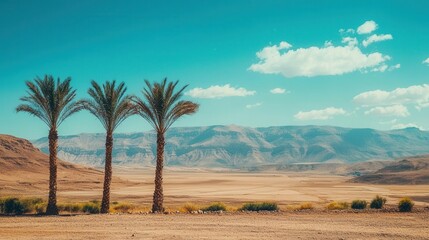 Tranquil Desert Landscape with Three Palm Trees and Mountains