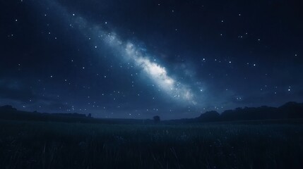 Naklejka premium A view of the Milky Way stretching across the sky above a peaceful meadow
