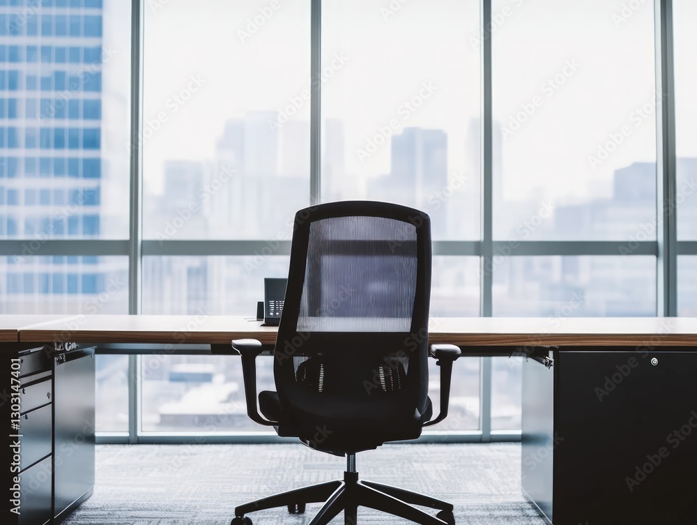 Poster empty office desk and chair in front of large window with cityscape view soft light and blurred back