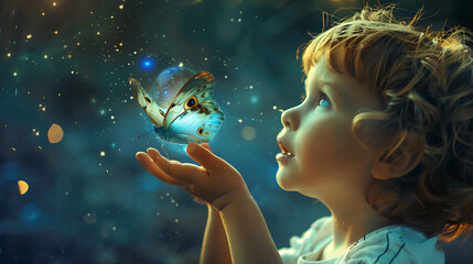 Naklejka premium A child releasing a butterfly into the sky with a glowing Earth reflection in their eyes 