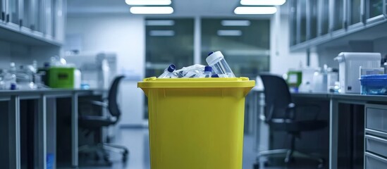 This modern lab incorporates a vibrant yellow trash can for effective recycling.